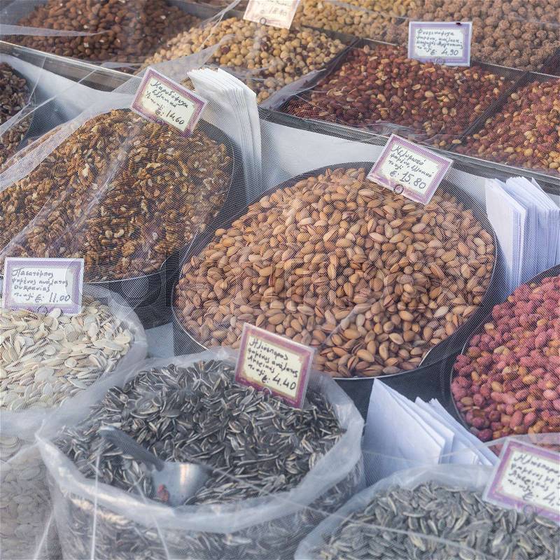 Market stall full of traditional spices in Athens , Greece, stock photo