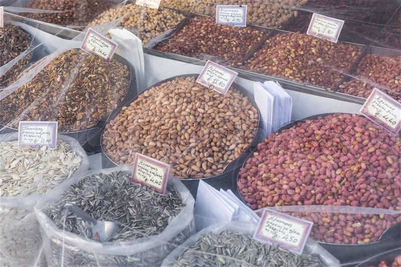 Market stall full of traditional spices in Athens , Greece, stock photo