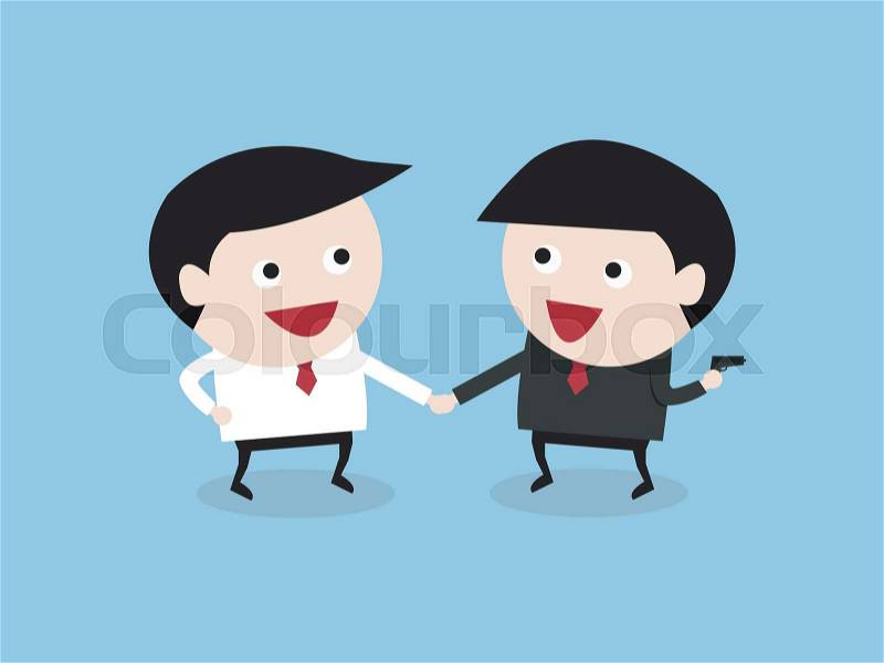Business partners handshaking while another people holding gun behind his back, vector, vector