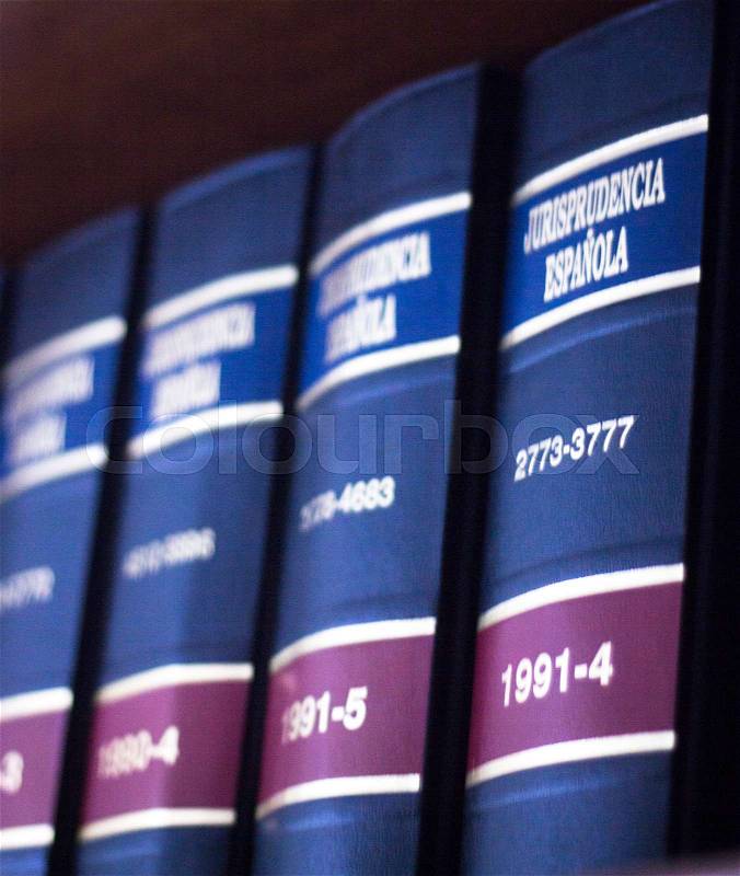 Old legal books law reports on shelves of law offices of attorneys and lawyers in judicial reference library, stock photo
