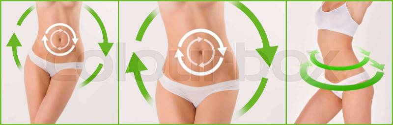 Women belly with the drawing arrows on it on white. Fat lose, liposuction and cellulite removal concept. Collage, stock photo