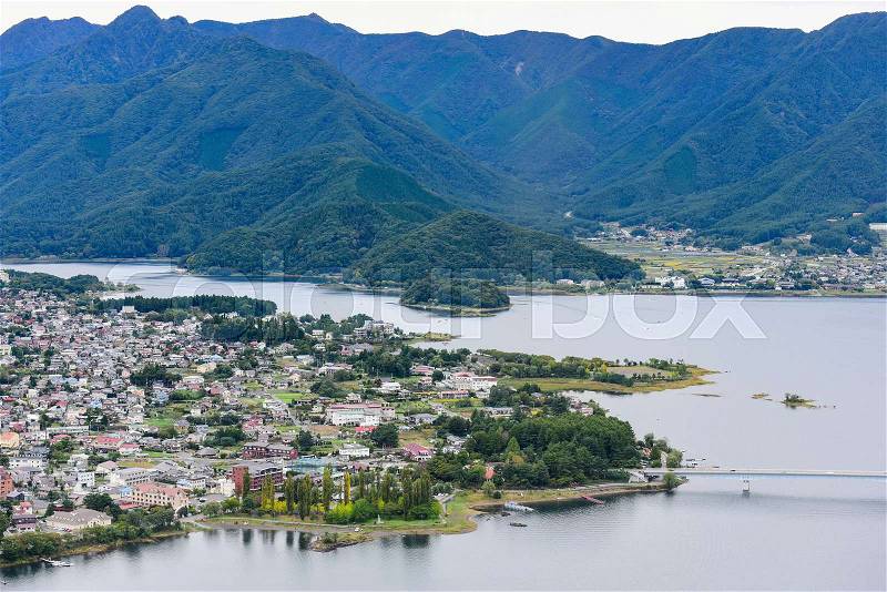 Landscape at kawaguchiko lake of Japan, aerial view, stock photo