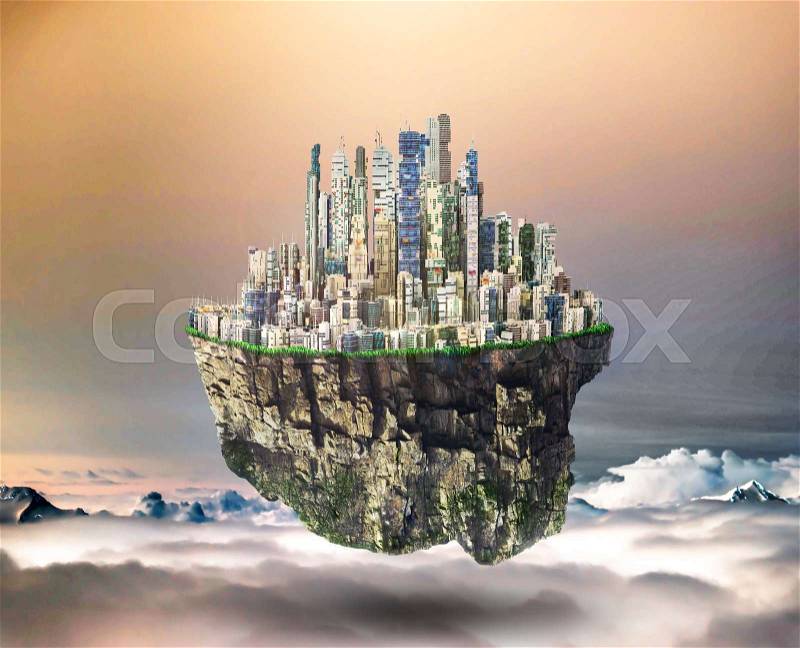 Concept of freedom. Island in sky with city on dead sky background. Safety island concept. Religion, stock photo