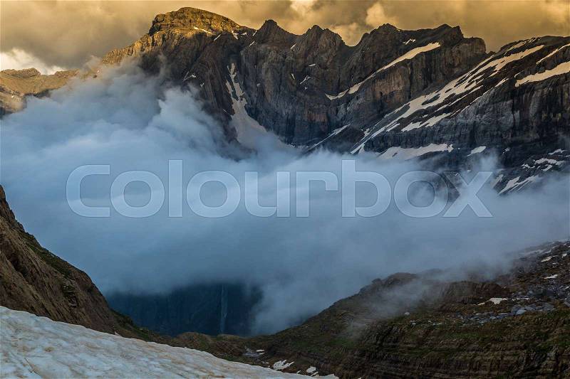 Beautiful landscape of Pyrenees mountains with famous Cirque de Gavarnie in background, stock photo