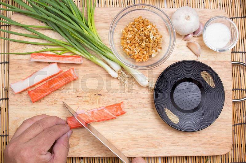Chef cutting crab imitation / cooking fired rice concept, stock photo