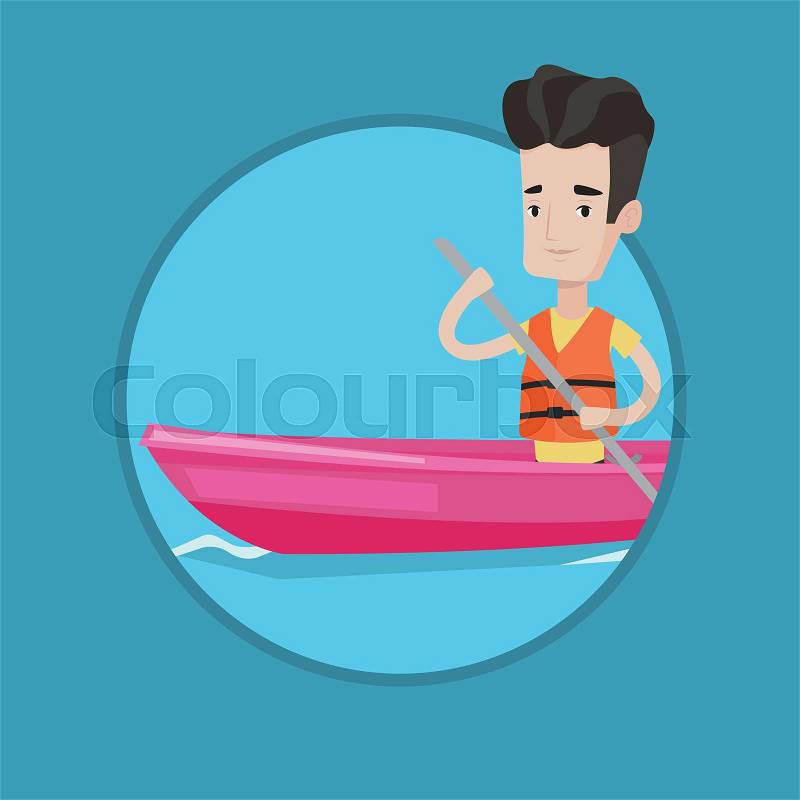 Sportsman riding in a kayak in the river. Young caucasian man traveling by kayak. Male kayaker paddling. Man paddling a canoe. Vector flat design illustration in the circle isolated on background, vector