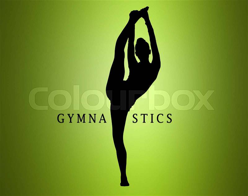 The silhouette of girl doing gymnastics dance on a green background, stock photo