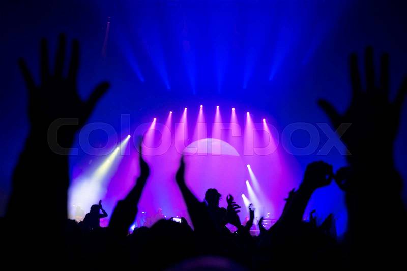 Silhouette of people partying in nightclub, raised up hands enjoying great musical show, live music performance, celebrating New Year, stock photo
