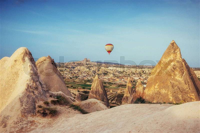 Turkey Cappadocia beautiful balloons flight stone landscape amazing, stock photo