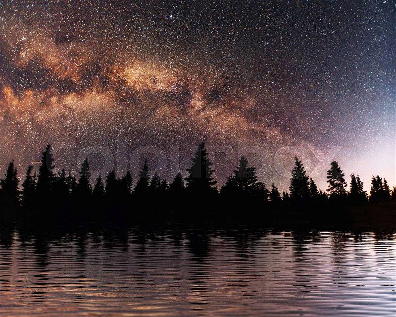 Starry sky over the sea. Fantastic Milky Way. Meteor shower. Carpathians. Ukraine, Europe, stock photo