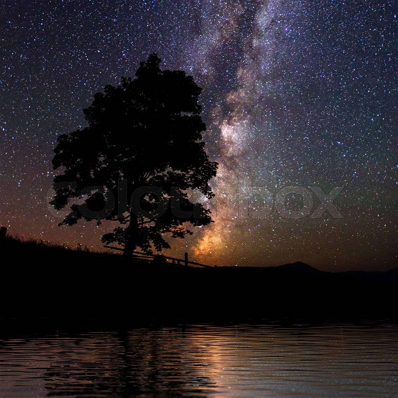 Starry sky over the sea. Fantastic Milky Way. Meteor shower. Carpathians. Ukraine, Europe, stock photo