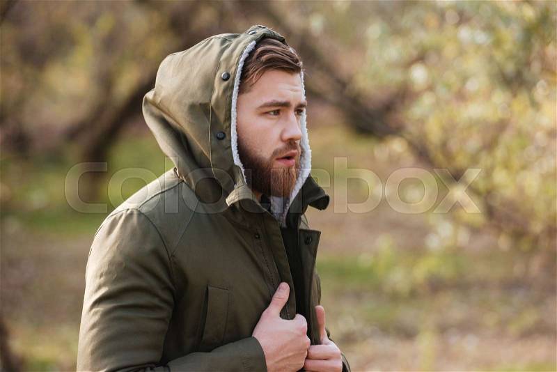 Photo of bearded young man standing in the forest. Looking aside, stock photo