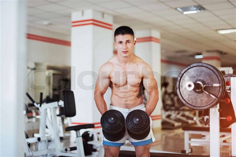 Portrait of a beautiful athletic guy muscles with weights in the gym. Sport. Fitness, stock photo