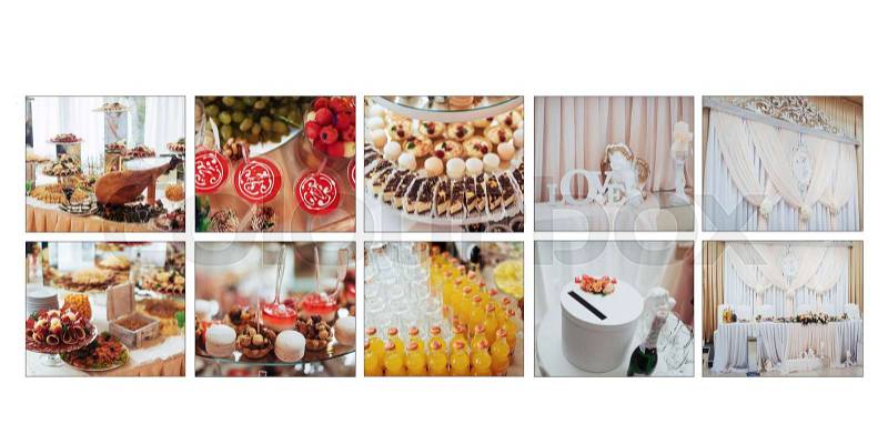 Luxurious room of the restaurant to celebrate a wedding celebration. Sweet buffet table. Classic white leather wedding photobook and album, stock photo