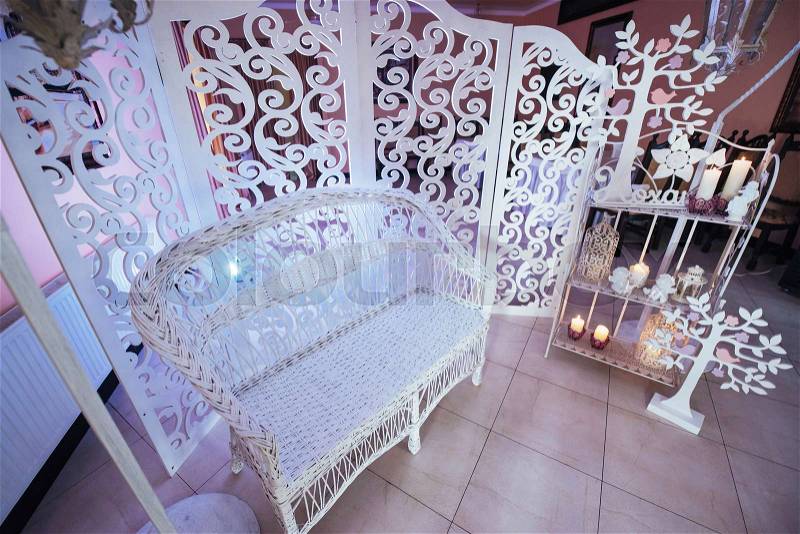 White wedding photo zone wooden sofa, stock photo