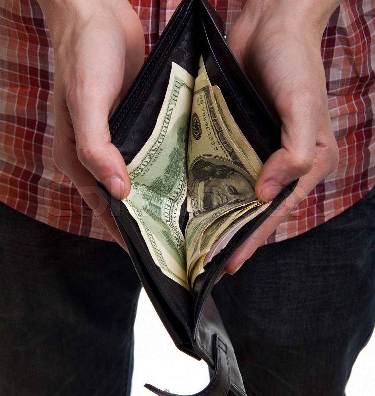Man shows purse with dollars close up, stock photo