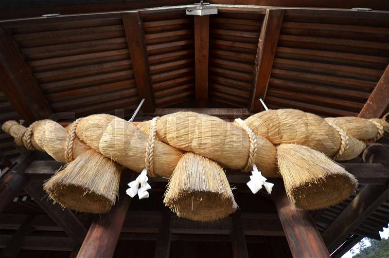 Sacred Straw Rope in front of the Prayer Hall of Izumo-taisha , Shimane Prefecture, Japan, stock photo