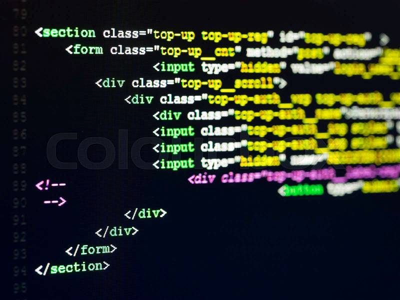 Computer Code HTML. Software development. Software source code. Writing programming code on laptop, stock photo