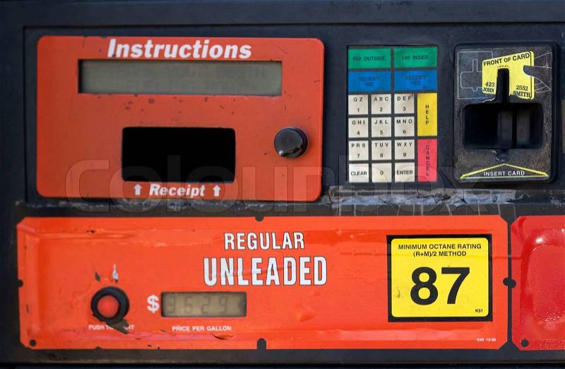 Closeup of an old gas pump advertising the current price on the digital lcd, stock photo