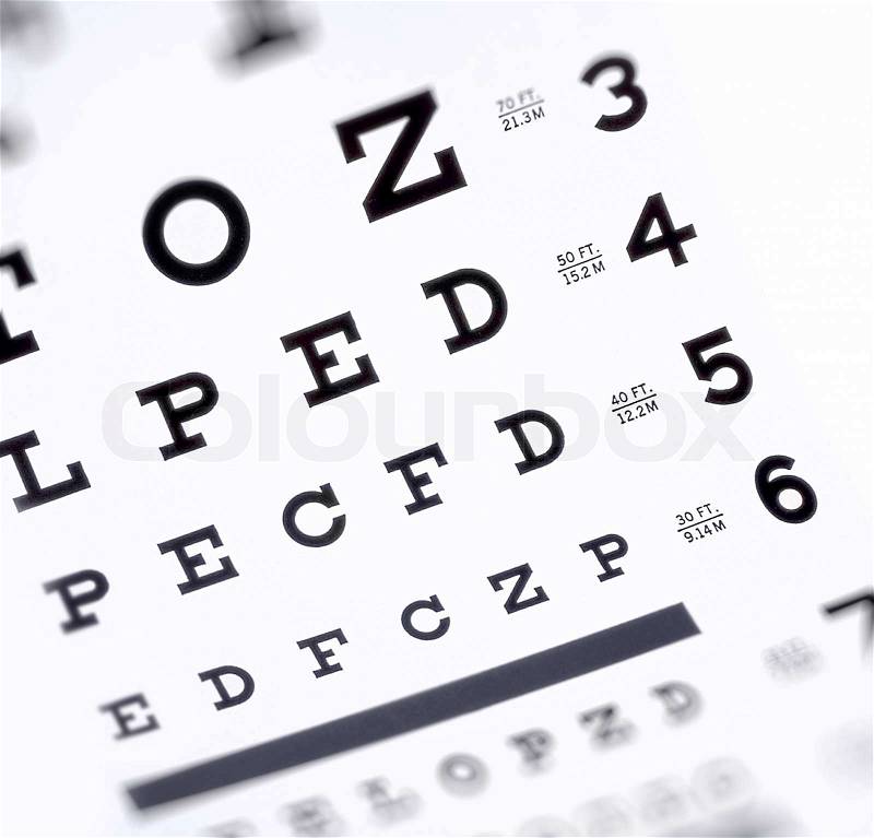 Eye exam chart - conceptual close up, stock photo
