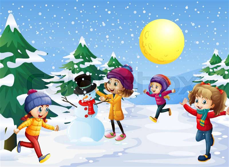 Kids playing in the snow on christmas illustration, vector