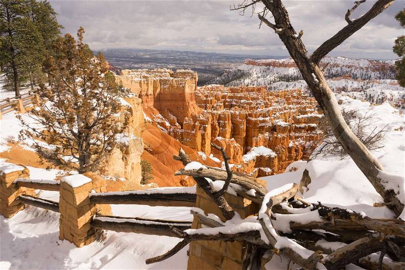 Fresh Snow Blankets Bryce Canyon Rock Formations Utah USA, stock photo
