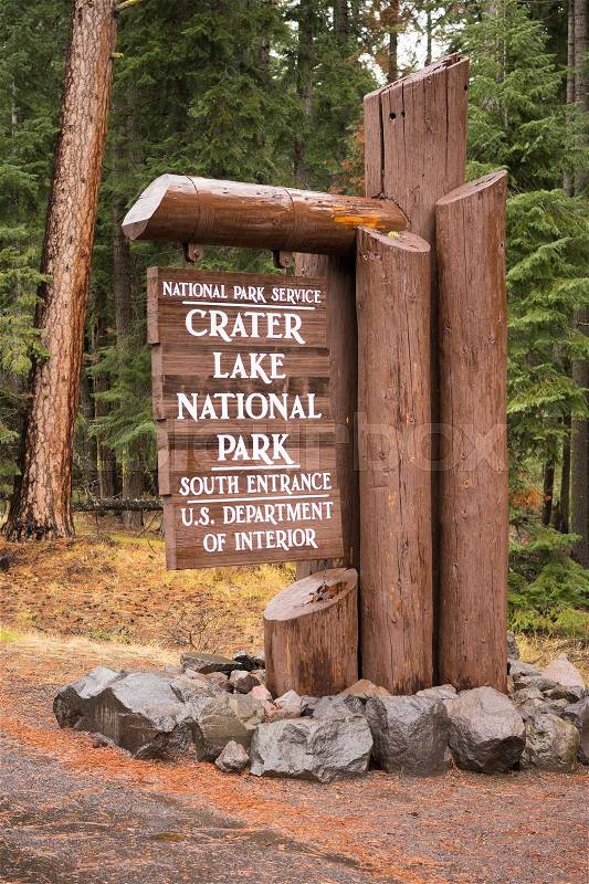 A temporary sign marking the entrance to Crater Lake United States, stock photo