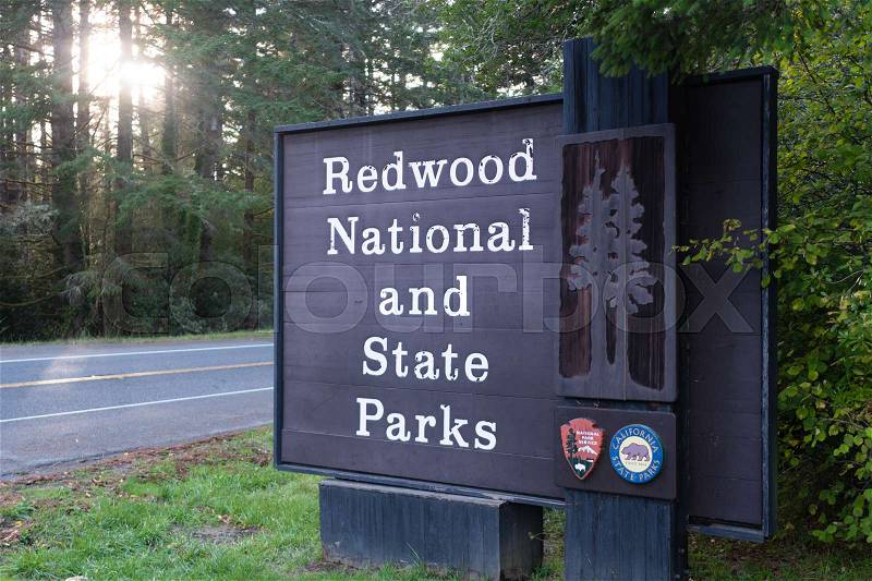 Redwood National and State Parks California Entrance Sign, stock photo