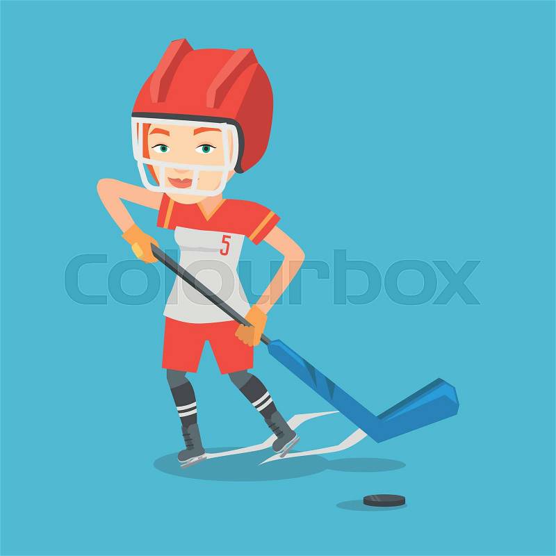 Young caucasian sportswoman playing ice hockey. Female ice hockey player in uniform skating on a rink. Female ice hockey player with a stick and puck. Vector flat design illustration. Square layout, vector