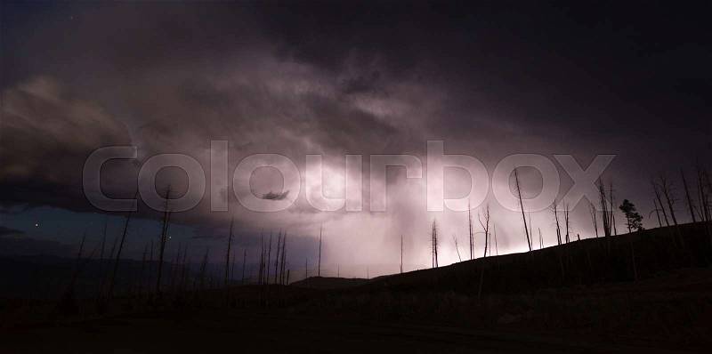 Over Tower Creek Thunderstorm Lightning Strikes Yellowstone National Park, stock photo