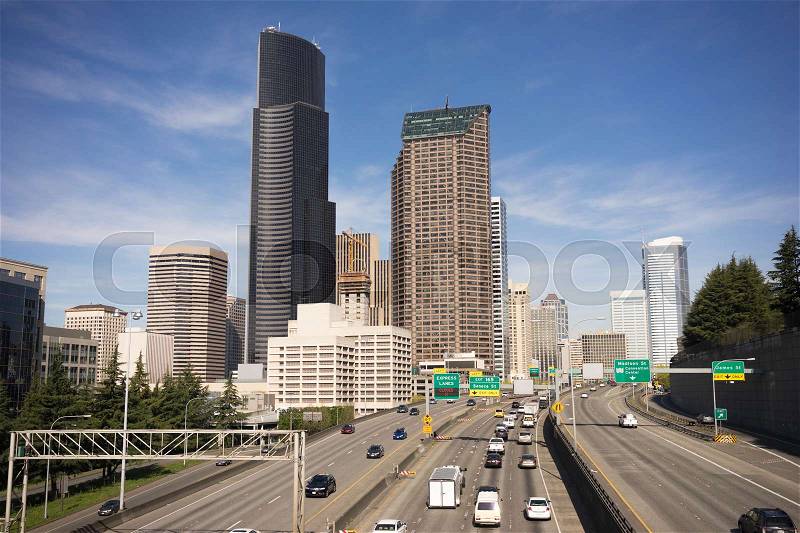 Downtown Seattle City Skyline Interstate 5 Cars Divided Highway, stock photo