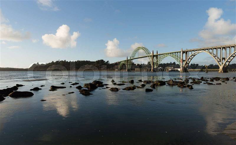 Yaquina Bay Shellfish Preserve Newport Bridge Oregon River Mouth, stock photo