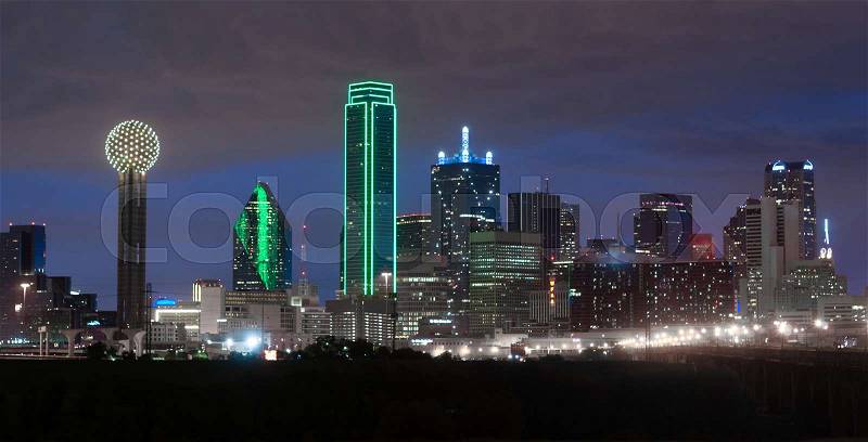 Trinity River Dallas Texas Downtown City Skyline Night Sunset, stock photo