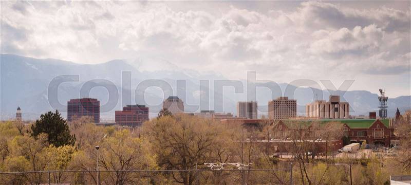 Colorado Springs Downtown City Skyline Dramatic Clouds Storm Approaching, stock photo