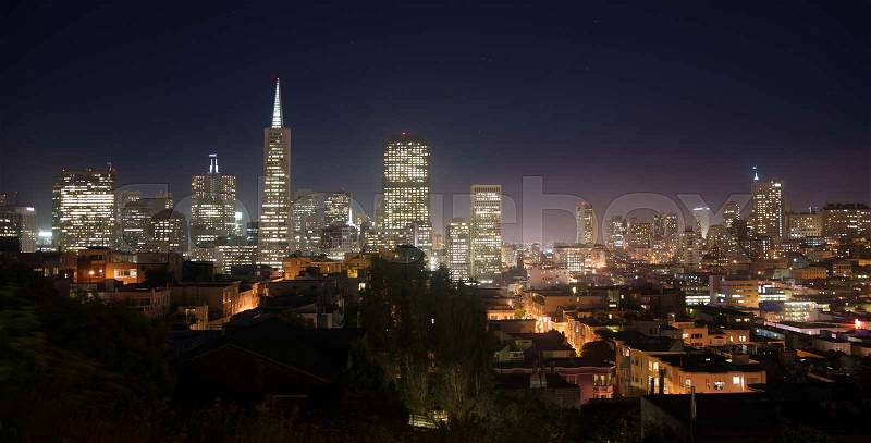 Beautiful Light Glows Over Neighborhood Homes Buildings San Francisco California, stock photo