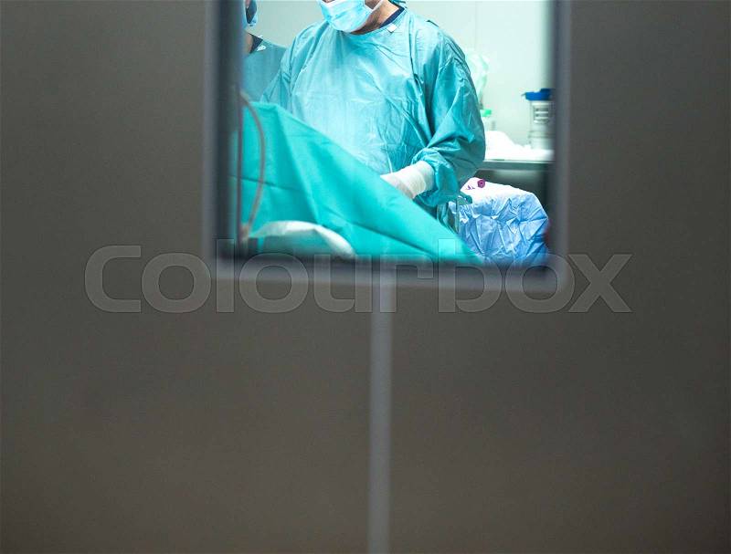 Hospital surgery operating theater emergency room stainless steel door, stock photo