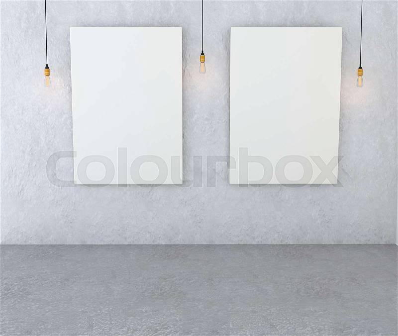 Mockup interior gallery. Paintings with a blank canvas and red lights in a room with gray walls. 3D-rendering, stock photo