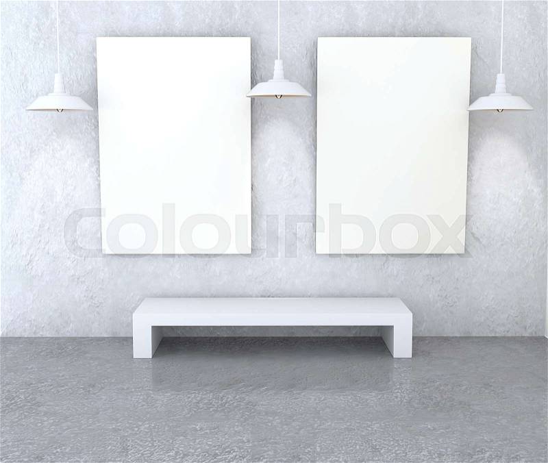 Mockup gallery interior. Paintings with a blank canvas and light gray walls plastered. White bench and lamp. 3D-rendering, stock photo