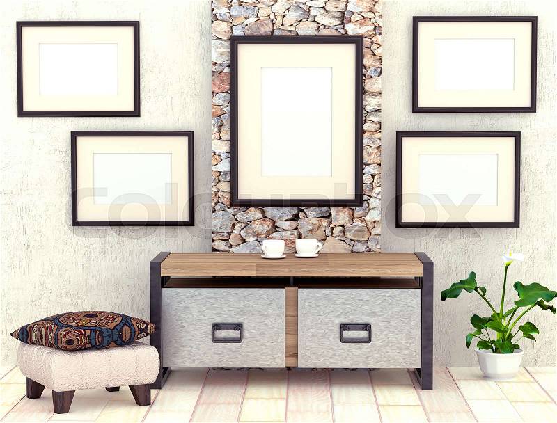 Mocap interior living room. Room with gray plastered walls and bright floor tiles. Decorative stone panels. Dark chair. Frames with a blank canvas. Coffee table with cups and a flower in a pot. 3d rendering, stock photo