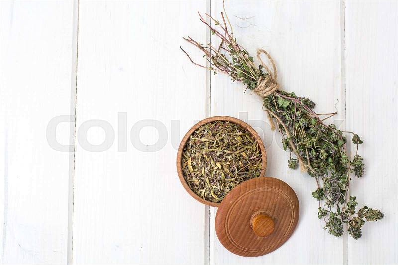 Dried and crushed thyme spice in cooking. Studio Photo , stock photo