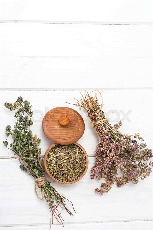 Dried and crushed thyme spice in cooking. Studio Photo \, stock photo