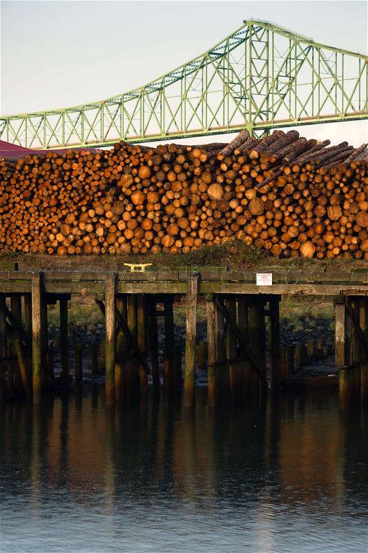 Log Pile Columbia River Pier Wood Export Timber Industry, stock photo