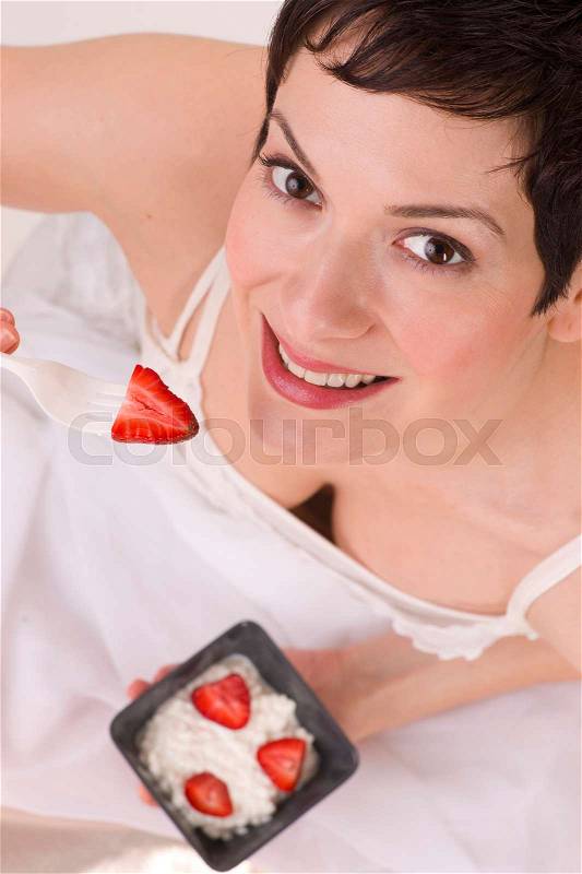 Attractive Happy Woman Eating Healthy Treat Cottage Cheese Fruit Food Strawberry, stock photo