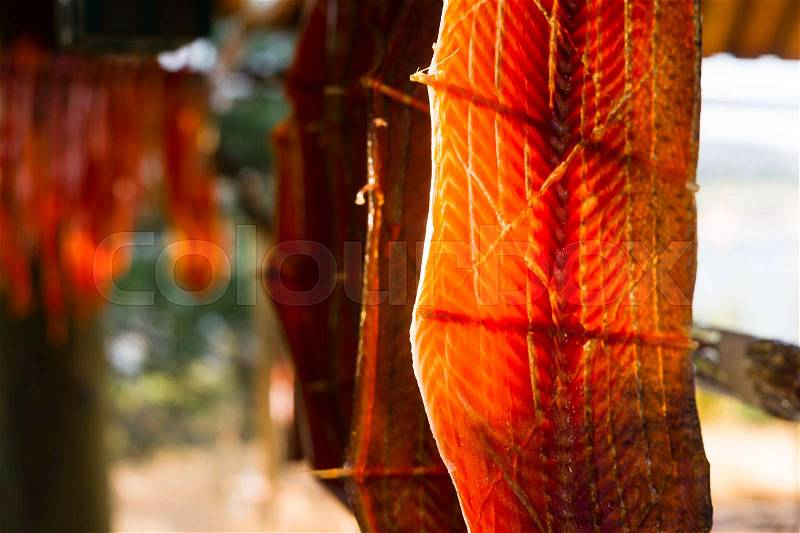 King Salmon Fish Meat Catch Hanging Native American Lodge Drying, stock photo