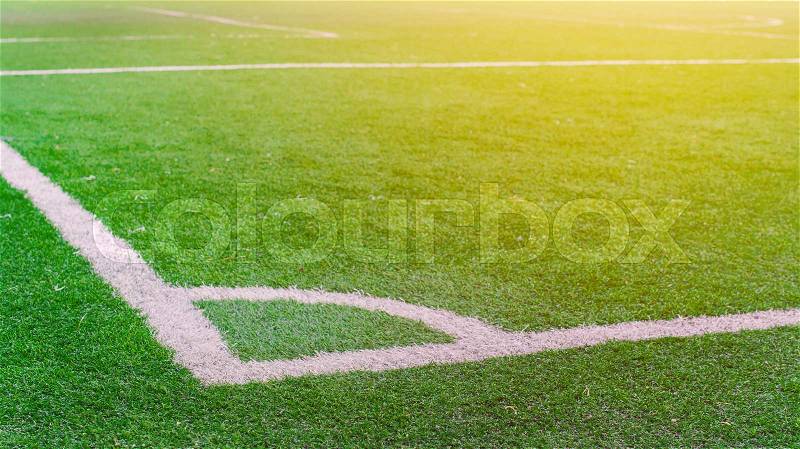 White stripe on the green soccer field from top view, stock photo