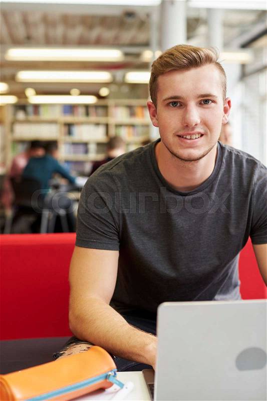 Portrait Of Male University Student Working In Library, stock photo