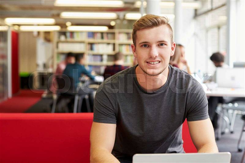 Portrait Of Male University Student Working In Library, stock photo