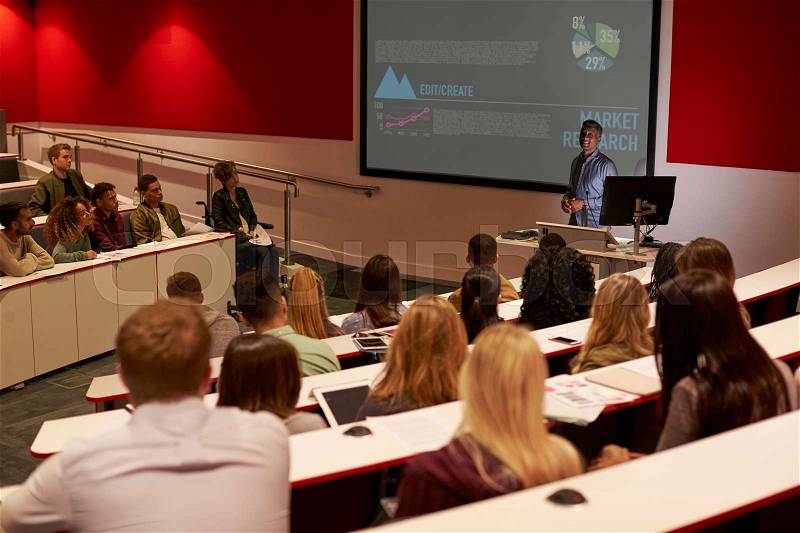 Young adult students at a university lecture, back view, stock photo