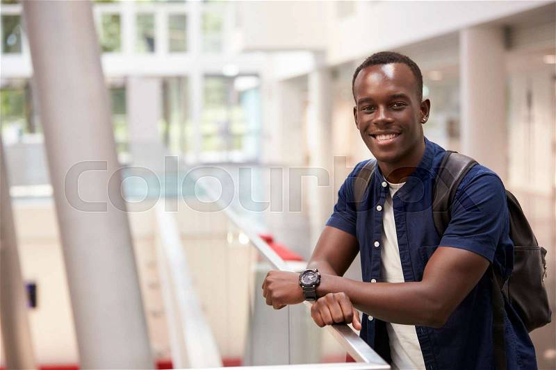 Smiling black male student in modern university, portrait, stock photo