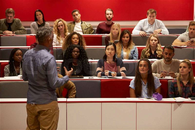 Back view of man presenting to students at a lecture theatre, stock photo